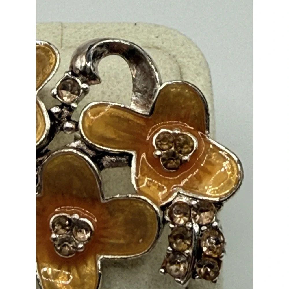 Vintage Pot Metal Brooch Flowers Orange Enamel Rhinestone